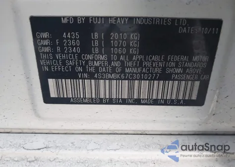 2012 Subaru Legacy 2.5I Limited from USA, damaged, VIN 4S3BMBK67C3010277